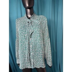 LOFT Teal Pink Floral Tie Neck Blouse Button Front Long Sleeve Top Size L